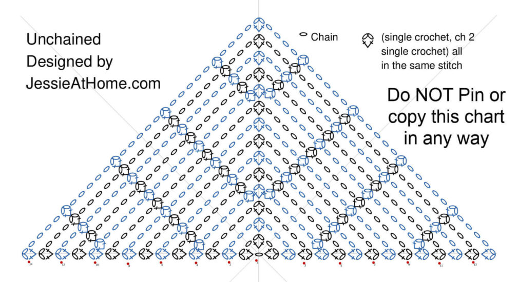 Crochet chart showing how to crochet the unchained shawl.