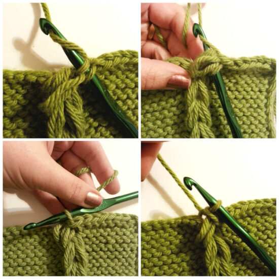 Square with 4 images, showing the progression of a crochet hook crocheting along the bottom of a garter stitch piece with a thick section of chains made with several strands of yarn in each chain going through the middle.