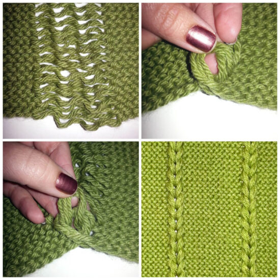 Square with 4 images, garter stitch with a sections of dropped stitches, a hand holding the bottom few sets of dropped stitches and twisting them together, a hand pushing a few more sets of the dropped stitches through the loop, a finished image of the stitches all looped together