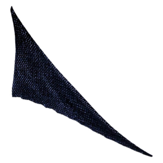 A stretched asymmetrical triangular v-stitch crochet wrap with a long, skinny end, wrap is crocheted with blue sparkly yarn.