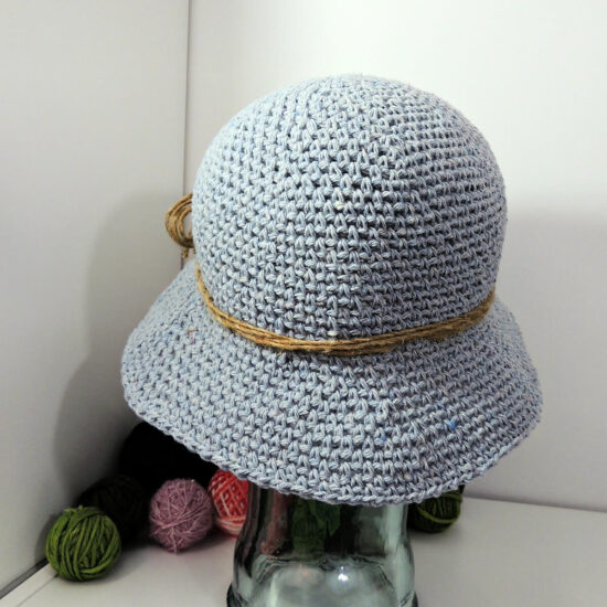 Back view of a crochet denim-look hat