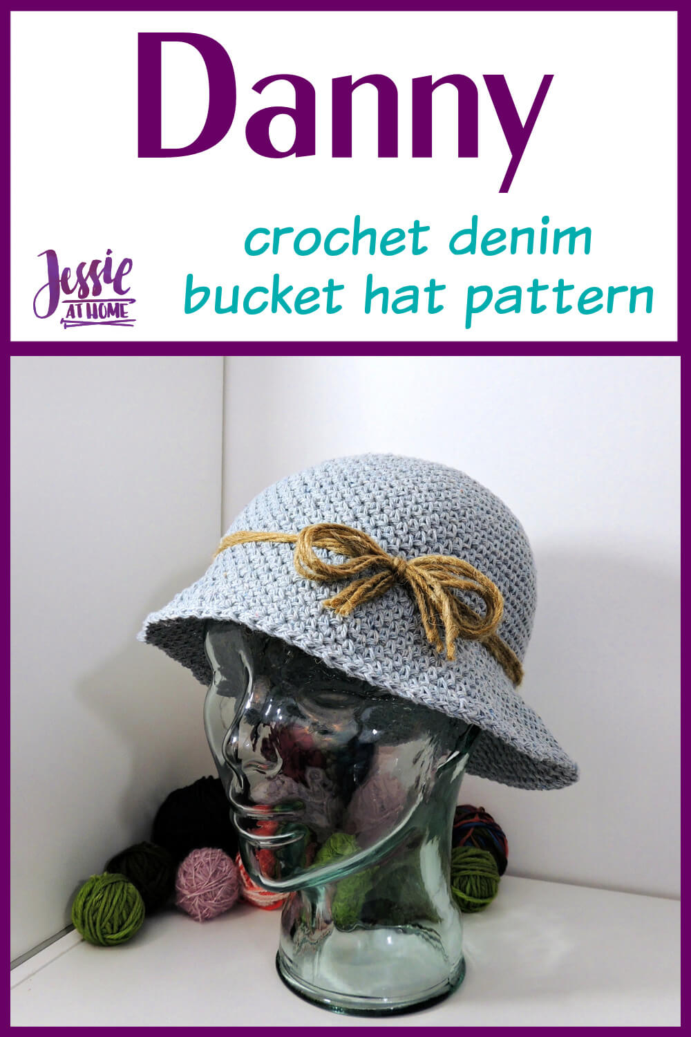 side view of a crochet denim-look hat with text "Danny, crochet denim bucket hat pattern"