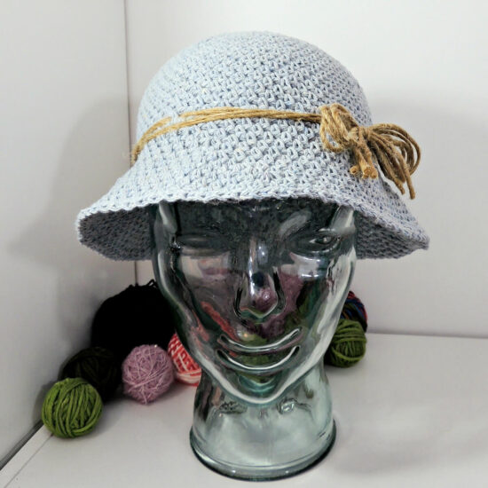 front view of a crochet denim-look hat