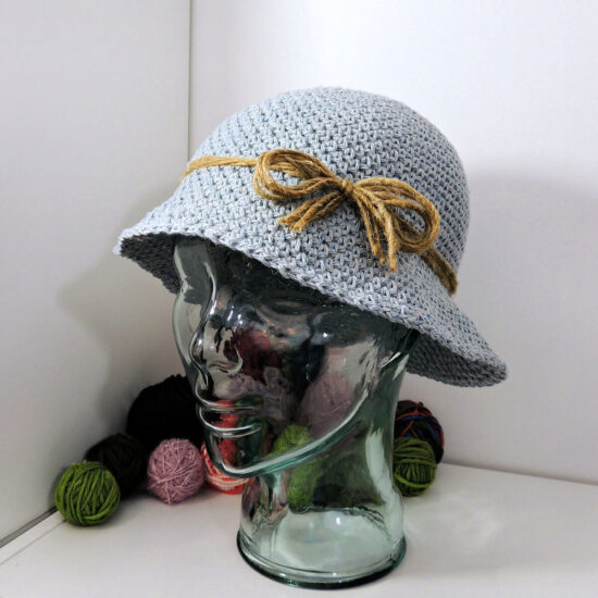 side view of a crochet denim-look hat