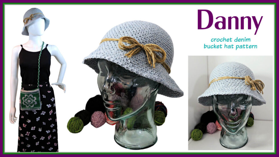 multiple views of a crochet denim-look hat and text "Danny, crochet denim bucket hat pattern"