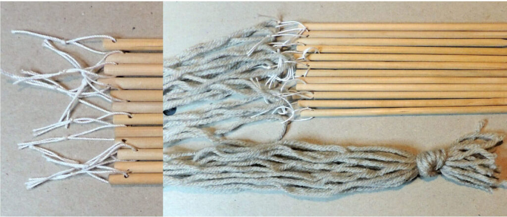left: bottom of 12 dowels with short pieces of string threaded through holes in the bottoms of the dowels and tied to make loops. right: Same dowels with gray yarn threaded through the string loops.