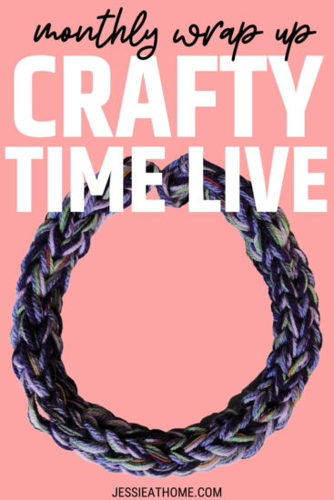 A coral background with a large image of a chunky finger knit necklace overlaid with text which reads "Crafty Time Live" and "Jessie At Home dot com"