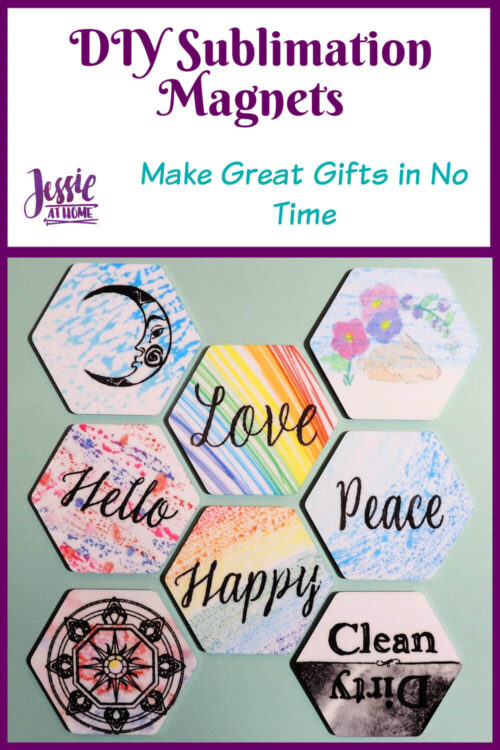 Eight brightly colored hexagon magnets on a seafoam background all underneath text which reads "DIY sublimation magnets, make great gifts in no time"