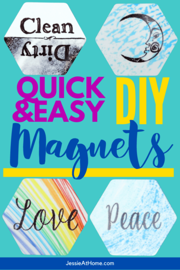 aqua background with several hexagon magnets and text which reads "Quick & Easy DIY Magnets"