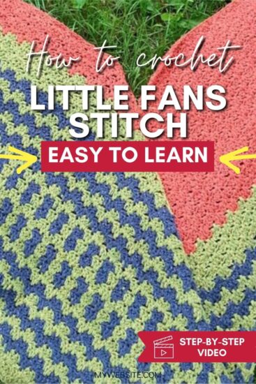 Background of green, blue, and salmon crochet wrap on grass. Text overlay reads "How to crochet", "Little Fans Stitch", "easy to learn", "Step by step video" and "Jessie At Home dot com"