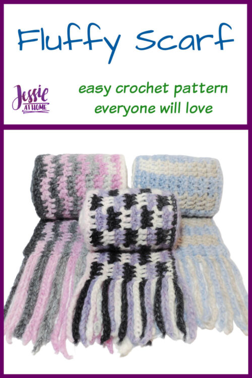 Vertical white rectangle with a purple border and an image of 3 scarves, each rolled up, on the bottom half. Text on the top reads "Fluffy Scarf, easy crochet pattern everyone will love, Jessie At Home."