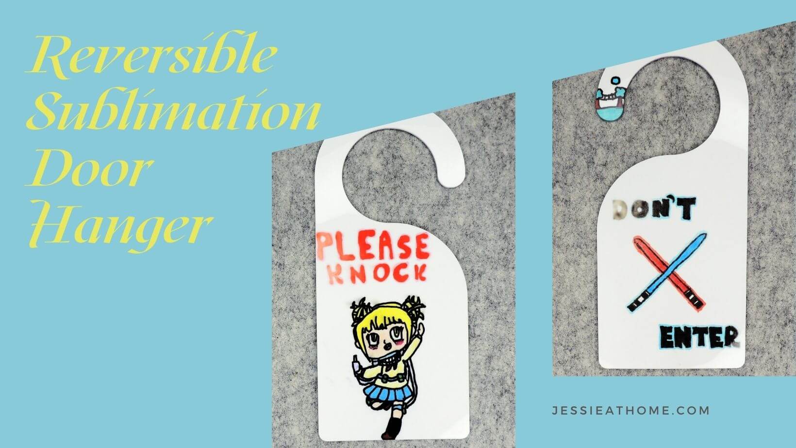 Horizontal light blue rectangle with text on the top half of the left side that reads "reversible sublimation door hanger" then an angled image in the middle and another on the right, each of a different side of a door hanger.