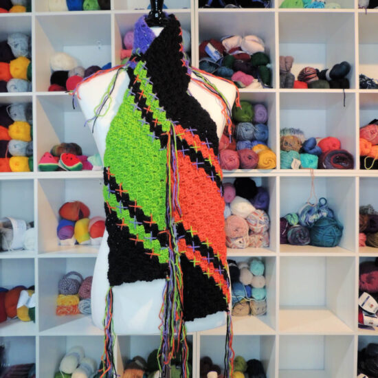 Square image of white cubbies full of yarn, in front of the cubbies is a white dress form wearing a corner to corner crochet scarf with diagonal lines of black, green, purple, and orange, with stitches at the color changes.