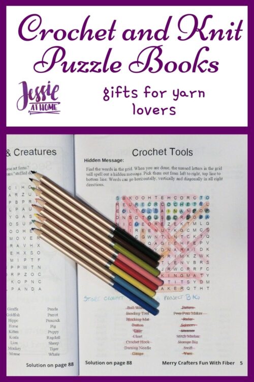 A white vertical rectangle with purple boarder. On the top third is text "crochet and knit puzzle books", "gifts for yarn lovers", and "Jessie At Home." The bottom two thirds is a photo of an activity book page with a crochet tools word search which has been solved with colored pencils.