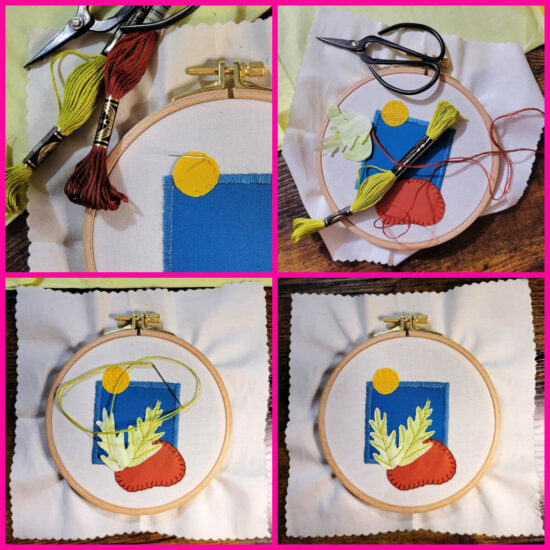Four images showing steps to embroidering a various colorful fabric pieces onto off white fabric stretched in an embroidery hoop.