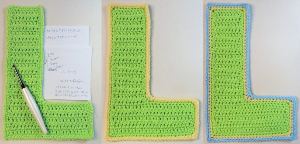 Three images nest to each other. First is a green "L" shaped piece of crochet with a white and silver Furls crochet hook laying on top of it. On the right above the bottom of the "L" are two small square pieces of paper with some measurements and math in pencil. Second is the same green crochet "L" with a yellow border, then last is the same green crochet "L" with a yellow border then a blue border.