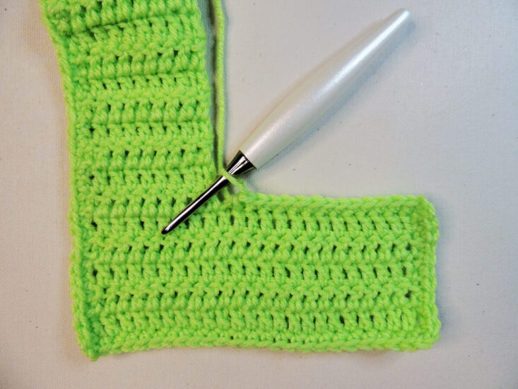 An "L" shape made of green crochet. In the inside corner where the two lines that make the "L" meet a crochet hook attached to the unfinished border.
