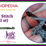 A white horizontal rectangle with a green border then a purple border. On the right half is a circle with an image of the corner of a gray crochet square in a white hand. There is a dark wood furls hook through the loop at the top of the last stitch then is inserted into the top of the first st of the round then has a yarn over. On the left half there is text which reads "Stitchopedia crochet video tutorial", "slip stitch (sl st)", and "Jessie At Home."