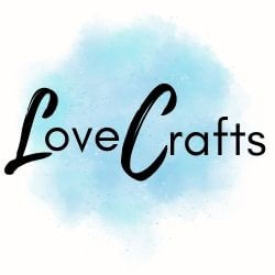 Blue watercolor spot on white background with the words "Love Crafts" on top in black.