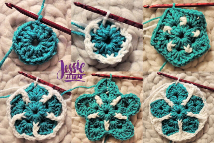photo collage of each of the first 6 rounds of a teal crochet flower in a white circle