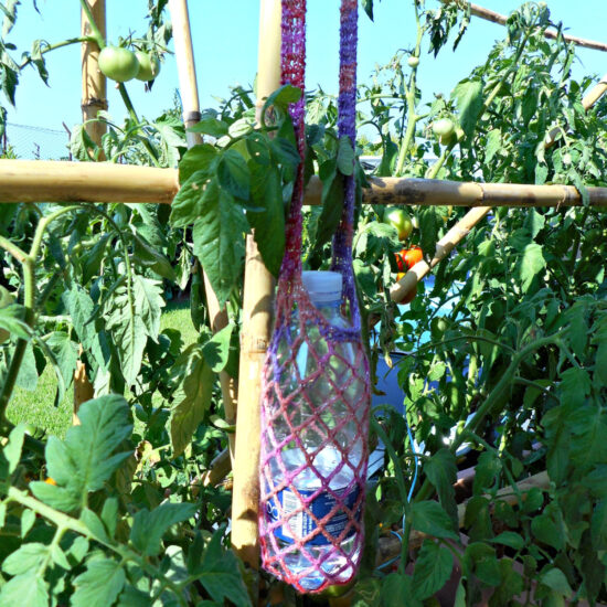 Square photo of a water bottle in a pink crochet mesh bottle holder hanging off a bamboo plant guide in a garden.