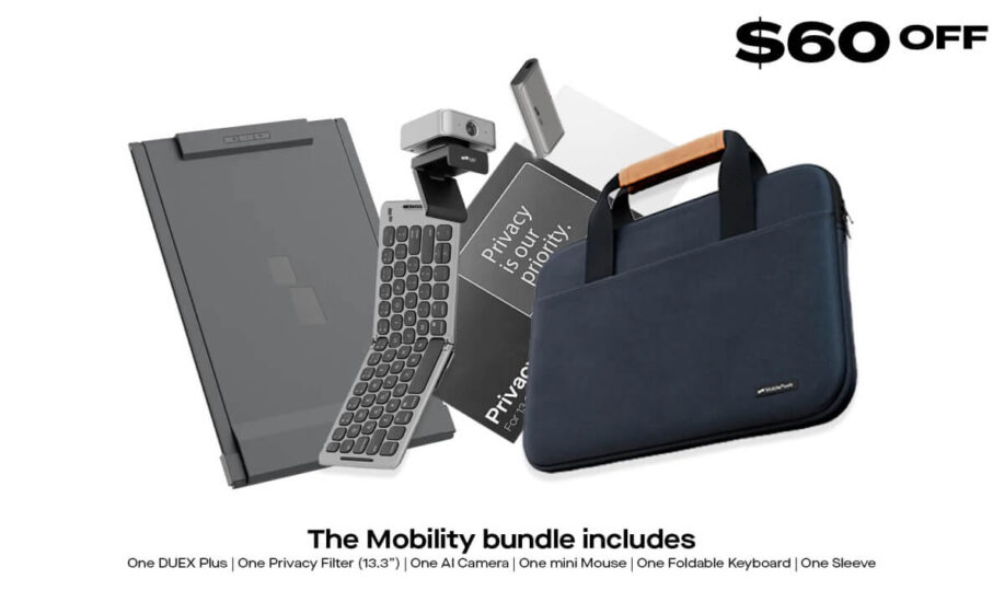Text at bottom reads "The mobility bundle includes one Duex plus, one privacy filter (13.3"), one AI camera, one mini mouse, one foldable keyboard, one sleeve." Above that is an image of all those items. At the top is text "$60 off"
