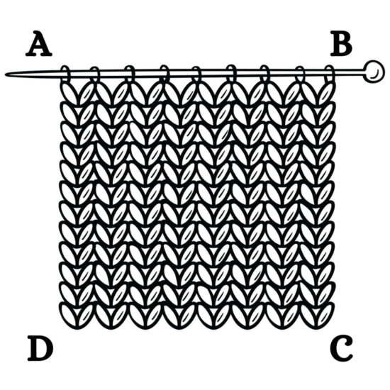 Graphic of a square piece of knitting with a knitting needle in the top. The top left is labeled "A", top right "B". bottom right "C", and bottom left "D".
