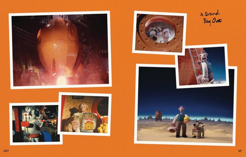 Pages 120-121 of book: Wallace & Gromit Cracking Crochet. Text reads "A Grand Day Out" and pages are orange with 3 film stills of the movie on each page.