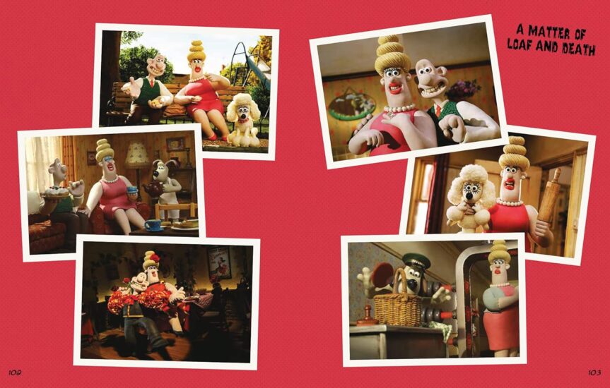 Pages 102-103 of the book: Wallace & Gromit Cracking Crochet. Read background with text "A Matter of Loaf and Death" and pages are red with 3 film stills from the movie on each page.