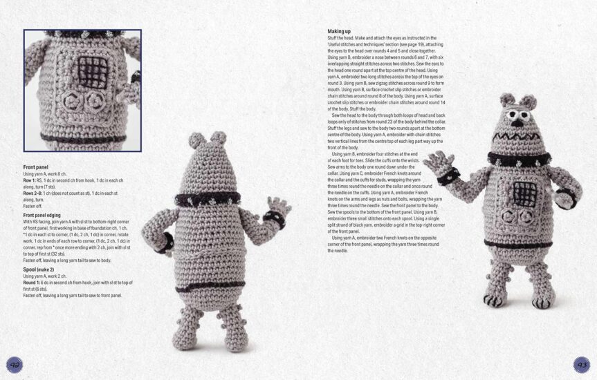Pages 92 & 93 of the book: Wallace & Gromit Cracking Crochet, with front and back views of Preston Cyberdog and part of the pattern instructions.