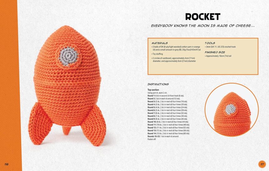 Pages 116 & 117 of the book: Wallace & Gromit Cracking Crochet. Left page has image of orange amigurumi Rocket, and right page has a smaller close up of Rocket in a circle, along with the beginning of the pattern.
